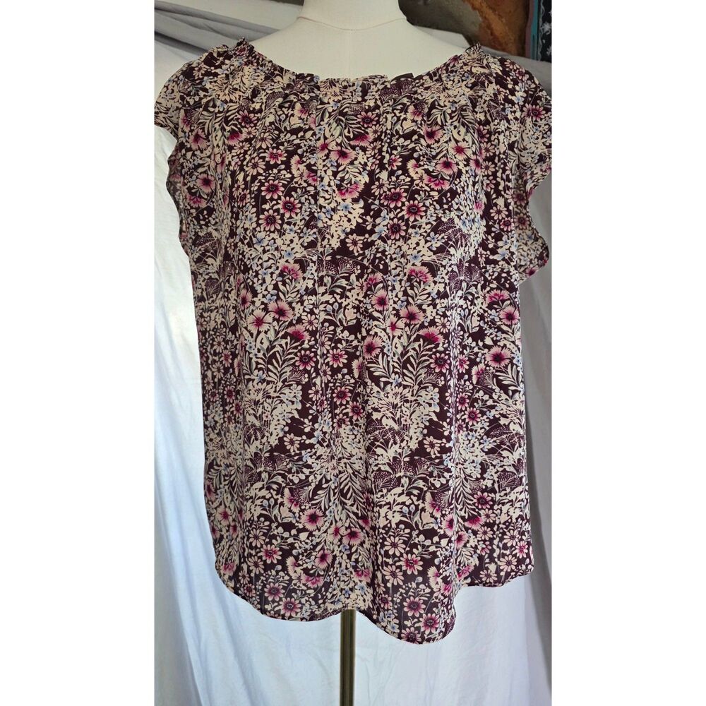 LC Lauren Conrad L Floral Tie Back Blouse Burgundy Beige Pink Keyhole Blouse